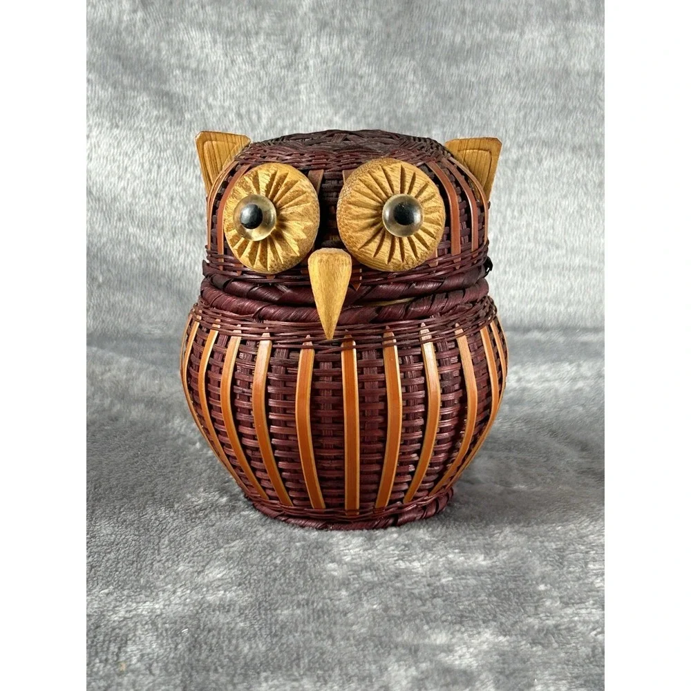 Vintage‎ Owl bird Wicker Rattan Lidded  woven figural Basket Box 4